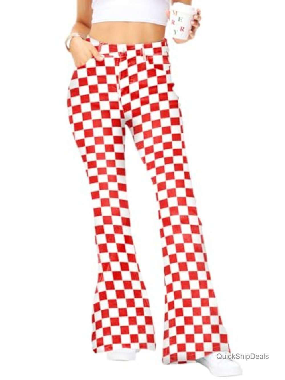 Womens High Waisted Plaid Flare Jeans Stretch Cotton Bell Bottom Denim Pants